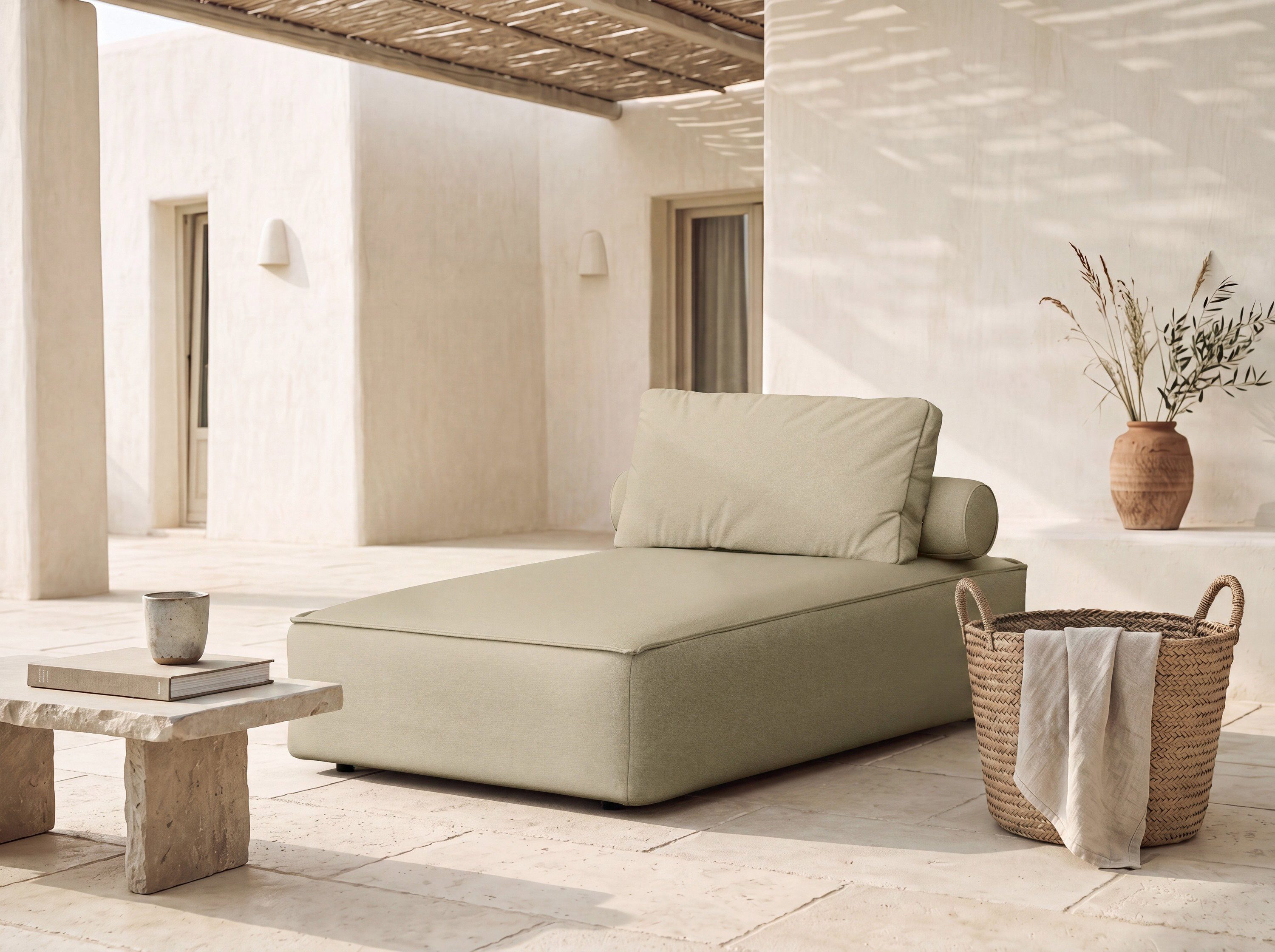 WFL GROUP Doppelliege Lorento Outdoor freistehende Chaiselongue für Garten, Terrasse, Balkon, MADE IN EU, Patio-Relaxliege für 1 Person in Beige Hellgrau Dunkelgrau, Pflegeleichter Kunstleder-Bezug, Kissen inklusive, für Wintergarten