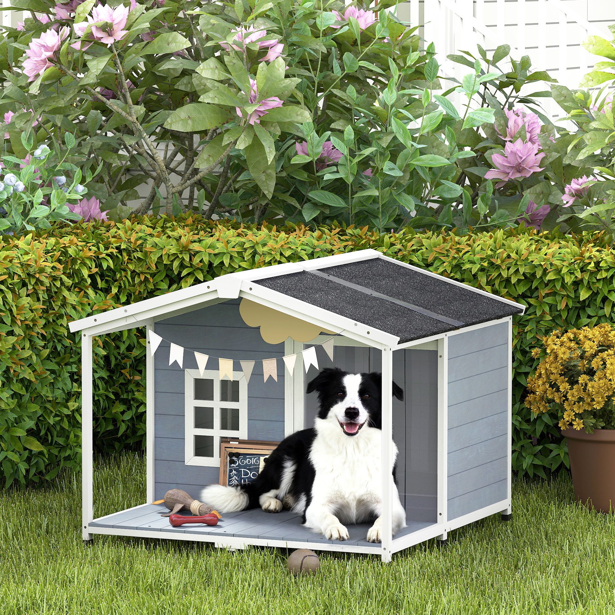 PawHut Hundehütte Erhöhtes Hundehaus aus Holz mit Asphaltdach, Terrasse, Fenster, für mittelgroße Hunde bis 20 kg 103 x 107 x 83,5 cm Grau