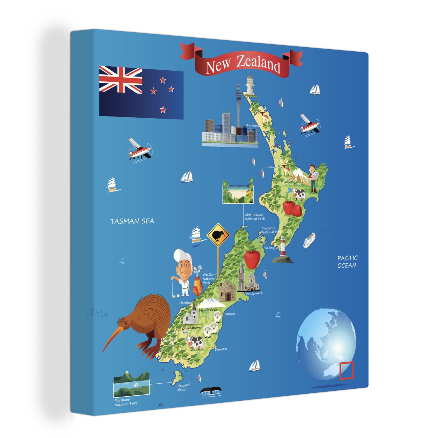 OneMillionCanvasses® Leinwandbild Eine Cartoon-Illustration der Karte von Neuseeland, (1 St), Leinwand Bilder für Wohnzimmer Schlafzimmer