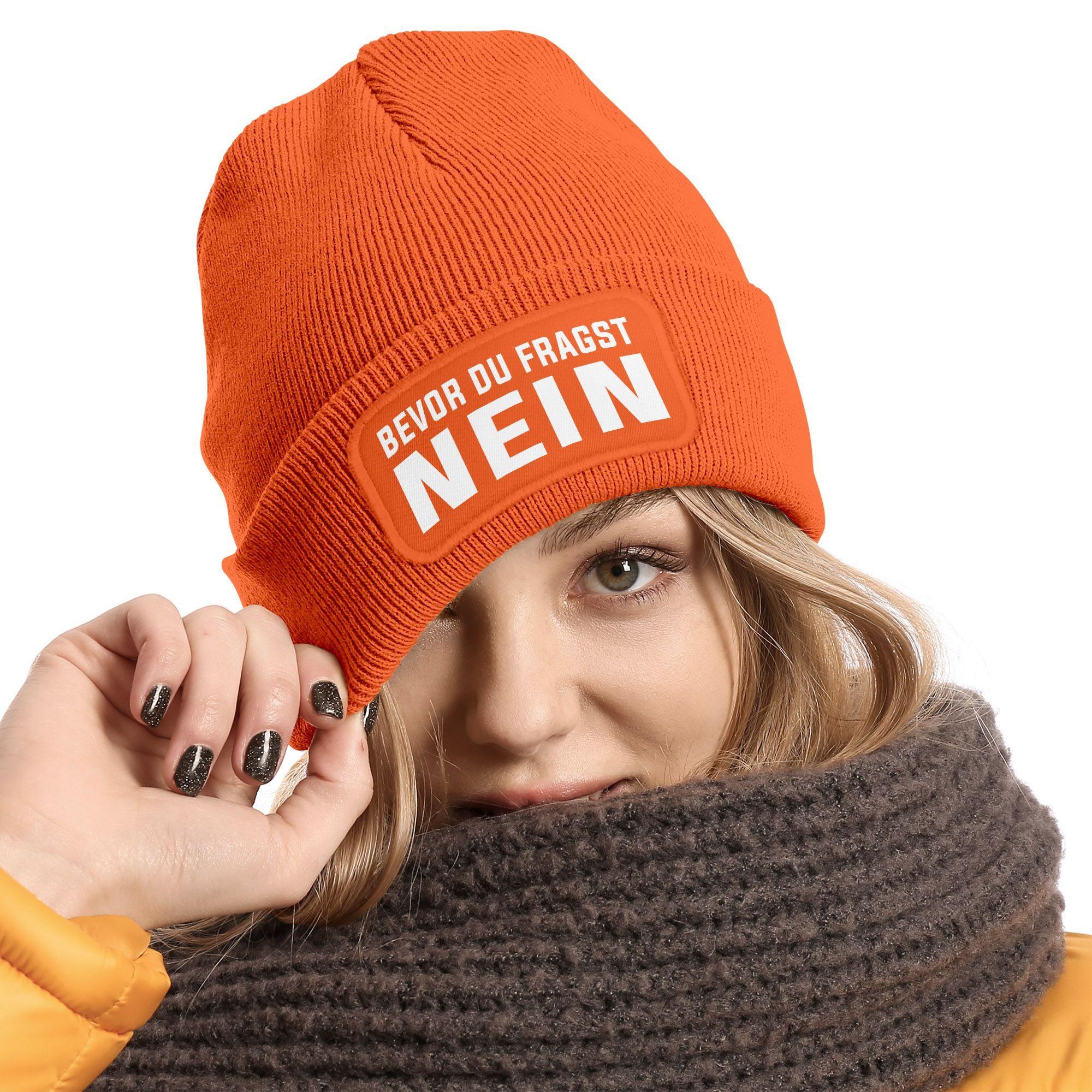 MoonWorks Strickmütze Damen Beanie Strickmütze mit Patch Spruch NEIN Aufdruck Lustig