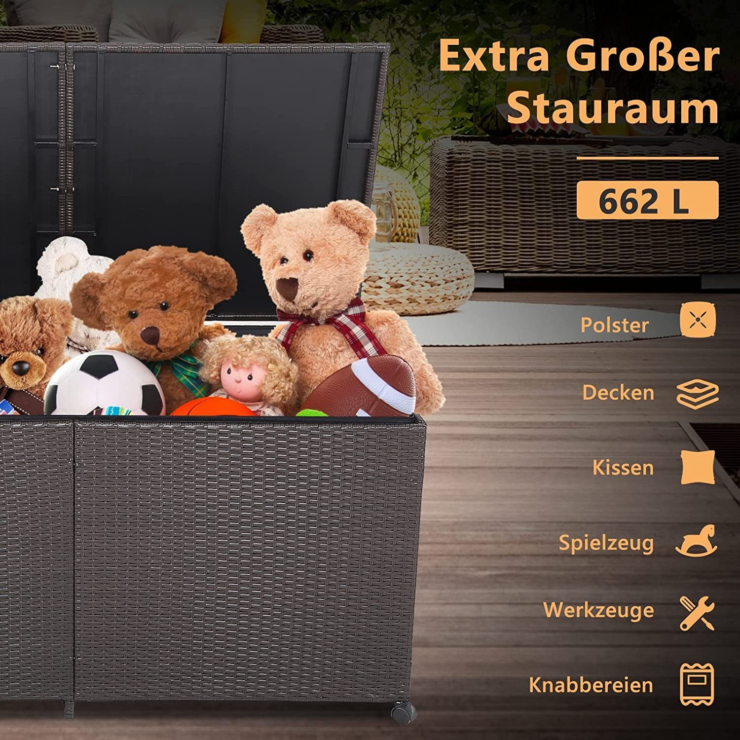 KOMFOTTEU Kissenbox Auflagenbox, mit Griffen und Rollen, 150 x 77 x 73 cm