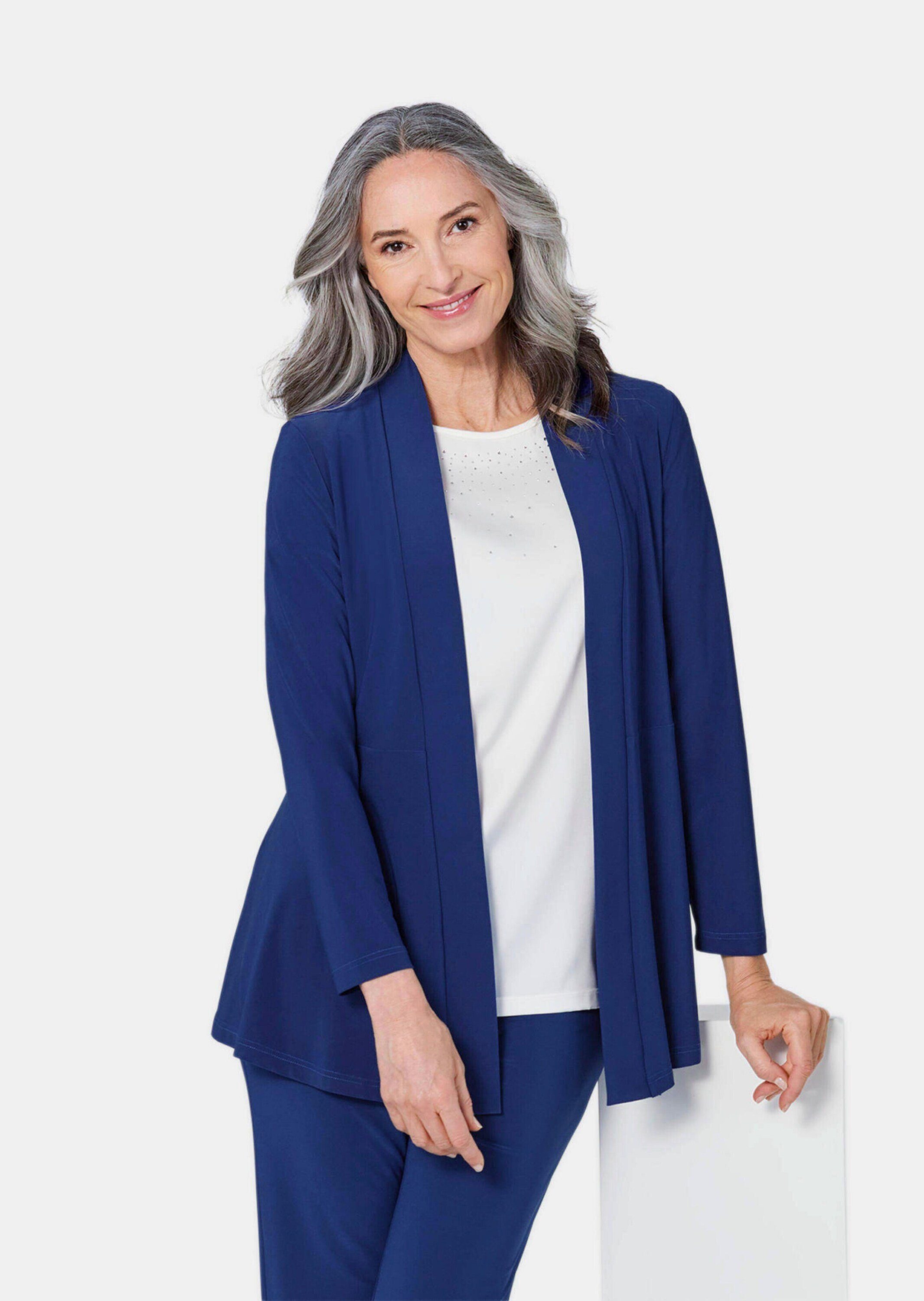 GOLDNER Shirtjacke Leichte Shirtjacke lila mit Stretch Damen Indoorjacke Uni, Shirtjacke, kaschierend, elegant, Schalkragen