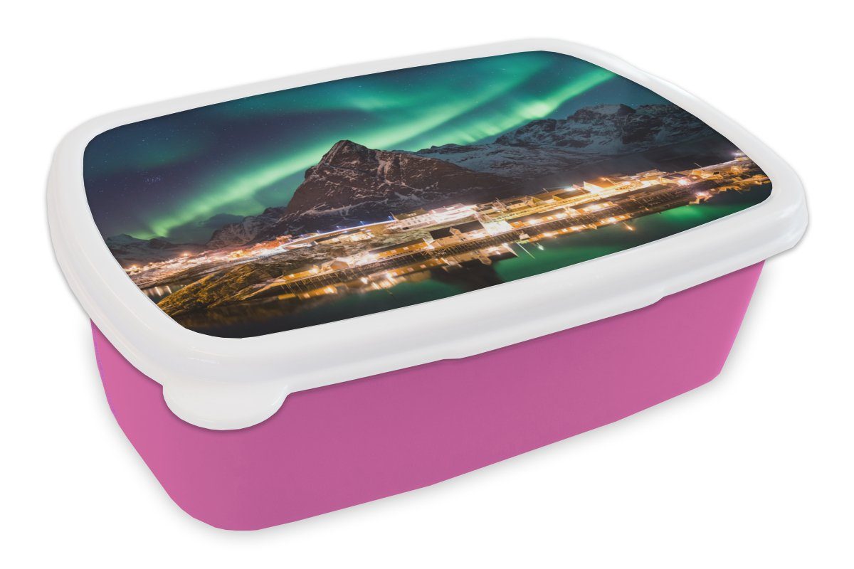 MuchoWow Lunchbox Nordlicht über für in Kinder, Dorf (2-tlg), einem Norwegen, Brotbox rosa Mädchen, Kunststoff, Snackbox, Brotdose Kunststoff Erwachsene