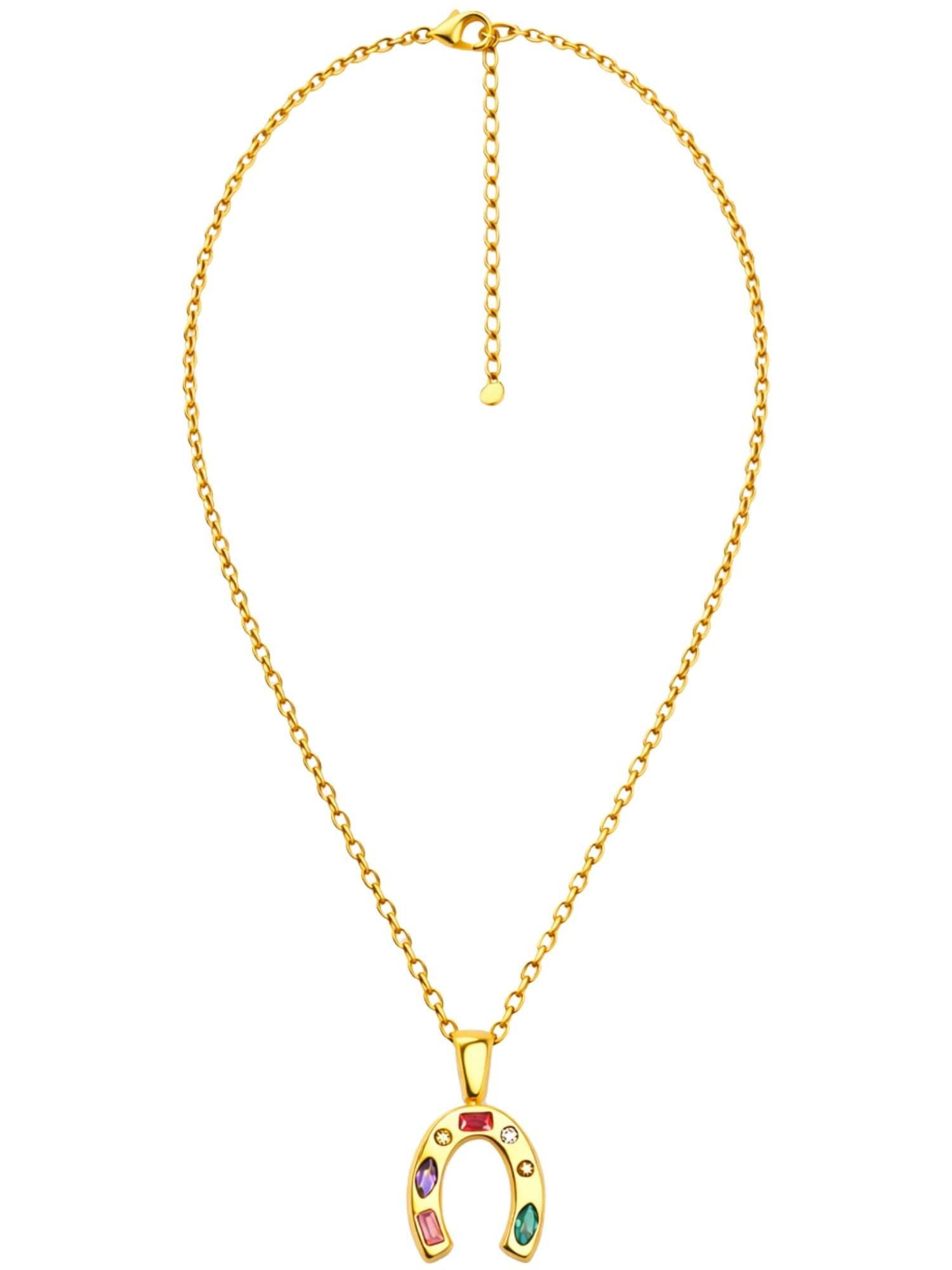 BS Schmuckdesign Statementkette Halskette Damen Glücksbringer Kette vergoldet mit bunten Kristallen (inkl. Geschenkbox), 18K vergoldet, hypoallergen & wasserfest