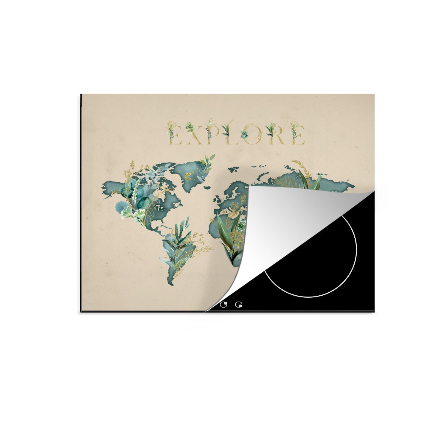 MuchoWow Herdblende-/Abdeckplatte Weltkarte - Pflanzen - Türkis, Vinyl, (1 tlg), 71x52 cm, Induktionskochfeld Schutz für die küche, Ceranfeldabdeckung