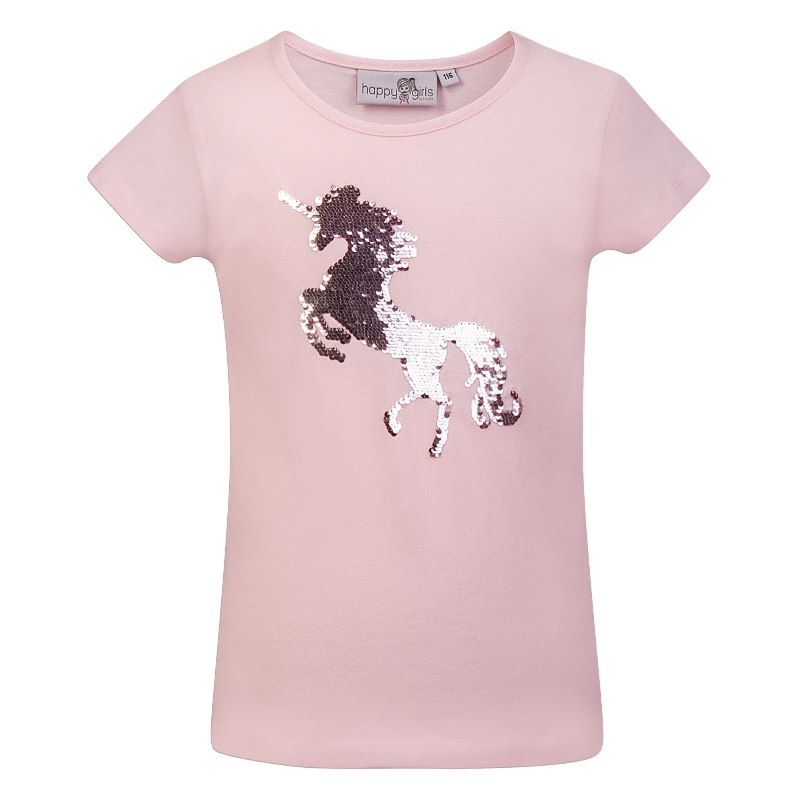 happy rose T-Shirt Rose T-Shirt Kurzarmshirt mit girls Einhorn Girls Pailletten Pailletten Happy Einhorn Glitzer