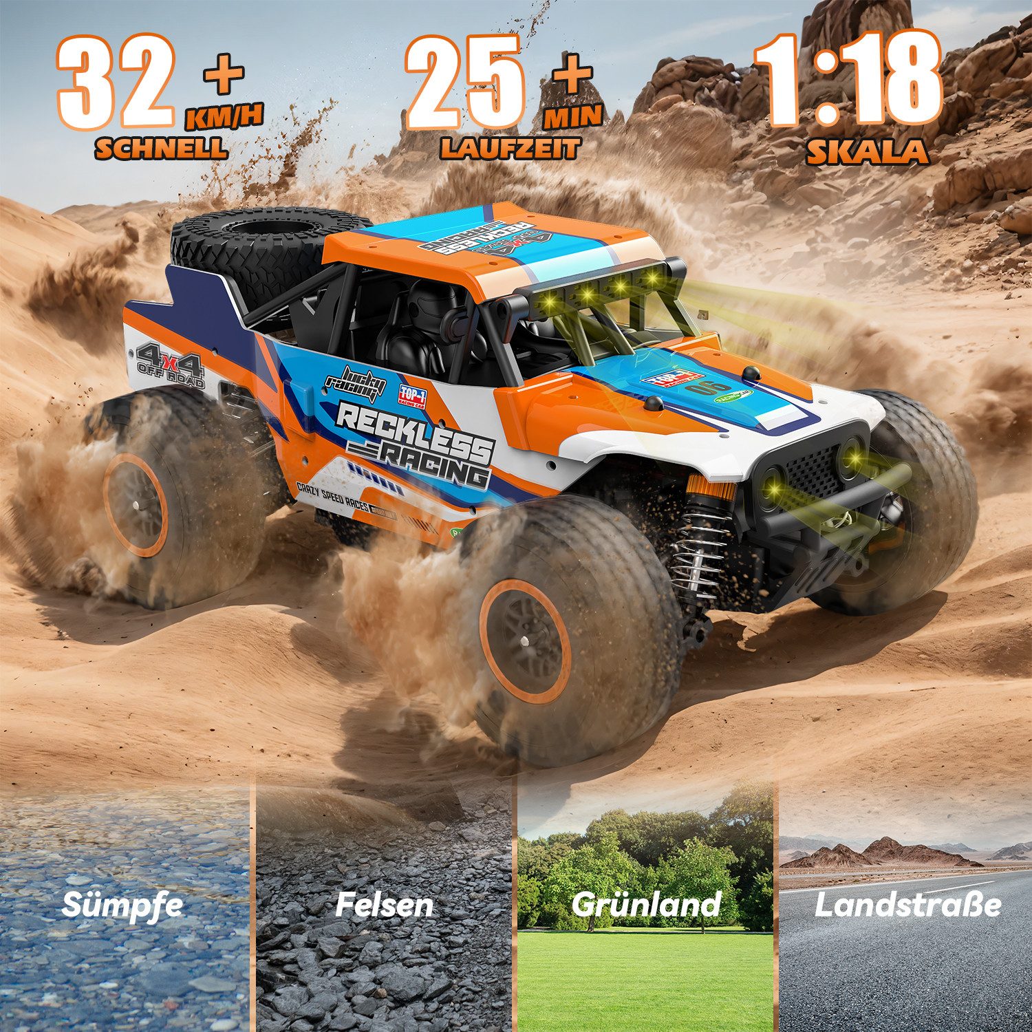 Esun RC-Auto Ferngesteuertes Auto mit 7 Farben Lichtern, 32KM/H RC Auto 1/18 (SET, 2.4GHz Ferngesteuerter Monstertruck), RC Monstertruck Gebürsteter mit Ersatzreifen