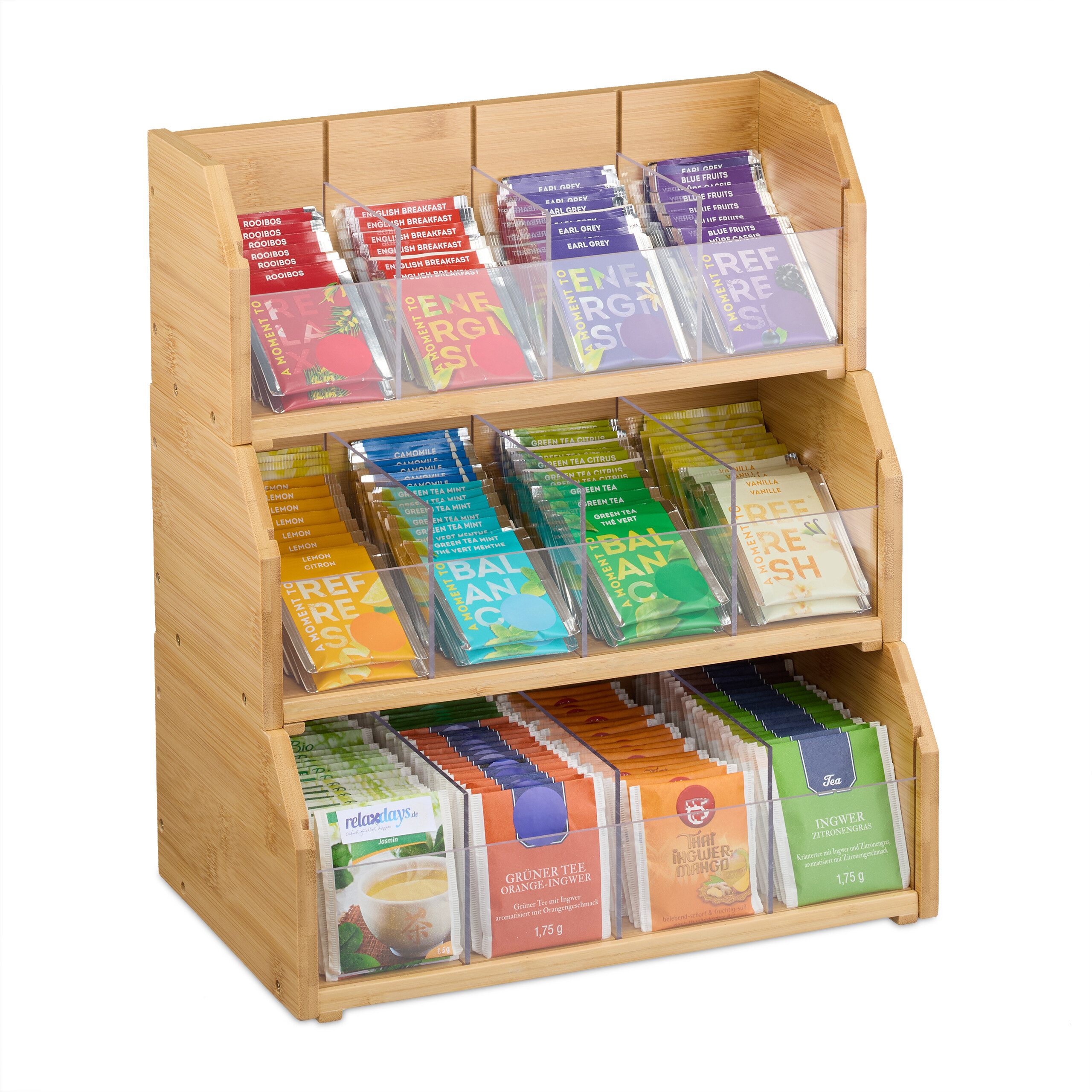 relaxdays Teebox Tee Organizer 12 Fächer Bambus, Bambus