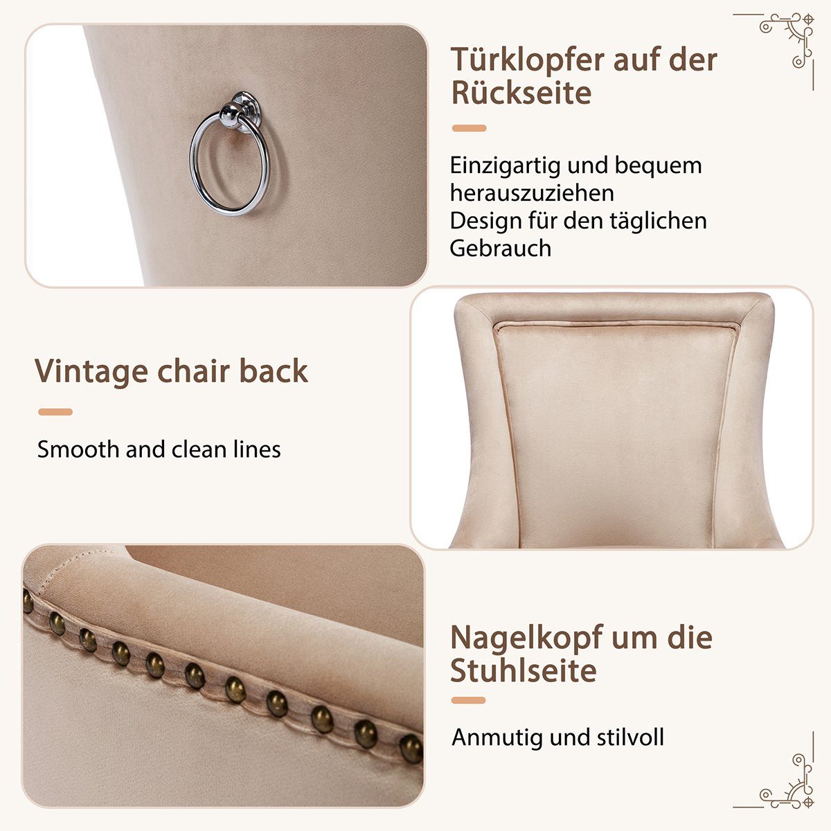 XDeer Küchenstuhl 2 St Luxuriös Esszimmerstuhl Küchenstuhl Wohnzimmerstuhl, Polsterstuhl mit Nagelkopfbesatz Bezug aus Samt Beige