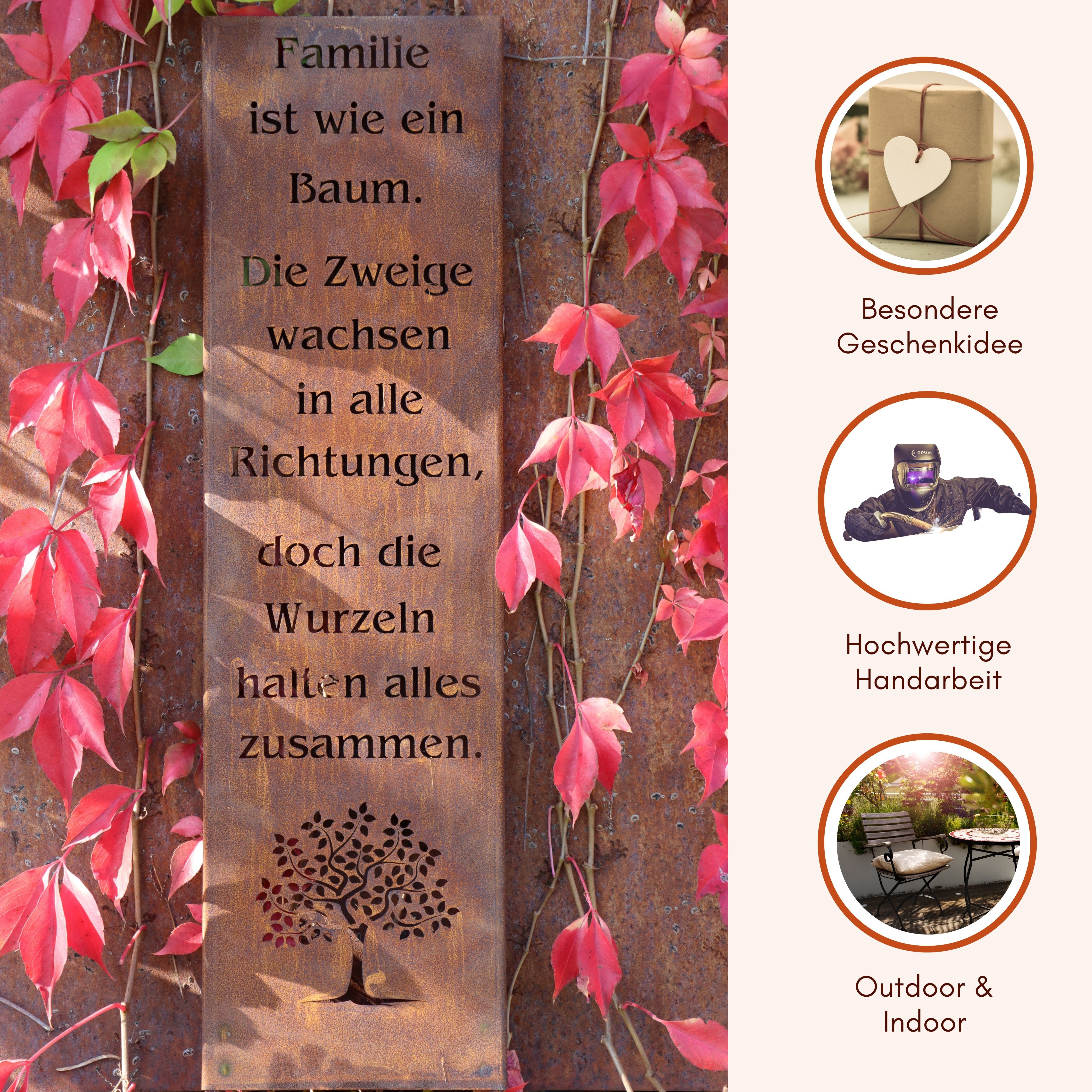 Rostikal Gartenfigur Gartenschild Familie Edelrost 100/55 cm – Bodenplatte/Stecker, Spruchtafel mit Baum-Motiv – wetterfest für Garten & Eingang – Bild 5 von 5