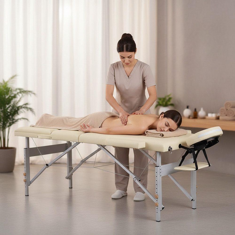 Mucola Massageliege Aluminium 3 Zonen Massageliege Massagebank 12,5 KG Mobile Beige/Creme (Stück, 1-St., Massageliege), 3-Zonen