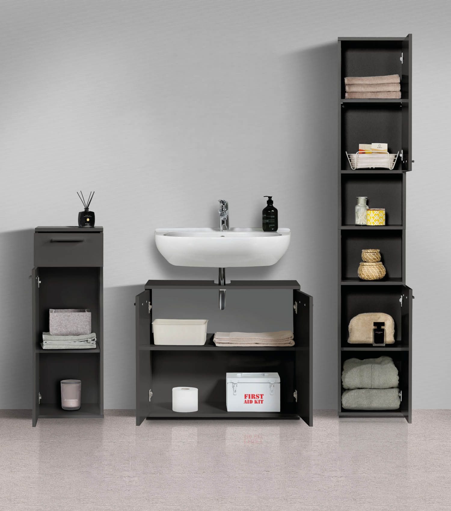 mokebo Badmöbel-Set Der Steuermann Waschbeckenunterschrank Badezimmerschrank Badschrank, (3-teilig), Made in Germany, Badezimmermöbel, Badezimmer Organizer Anth – Bild 2 von 5