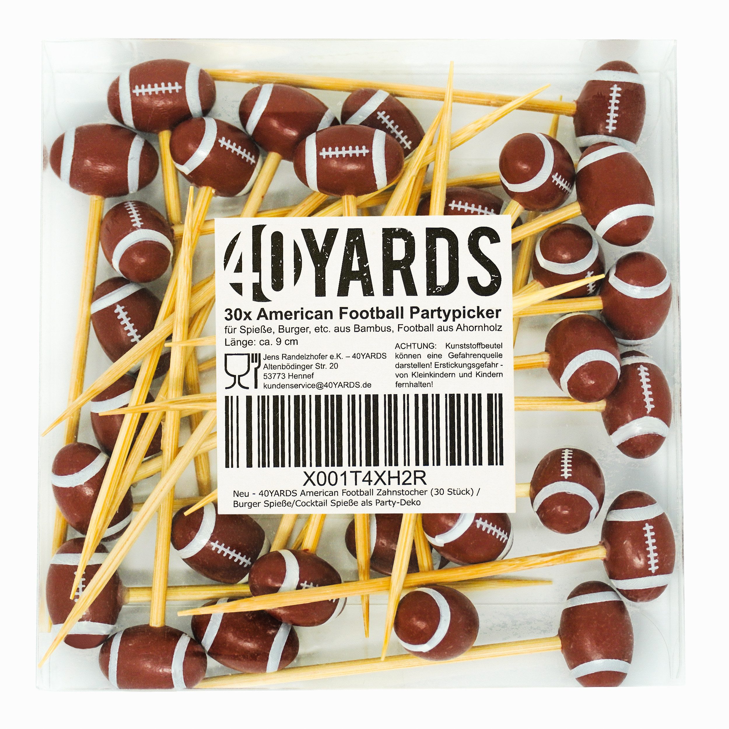 40YARDS Partyspieße American Football Zahnstocher / Burgerspieße / Cocktail Spieße (30-St), Bambus & Ahornholz, Mehrfach verwendbar