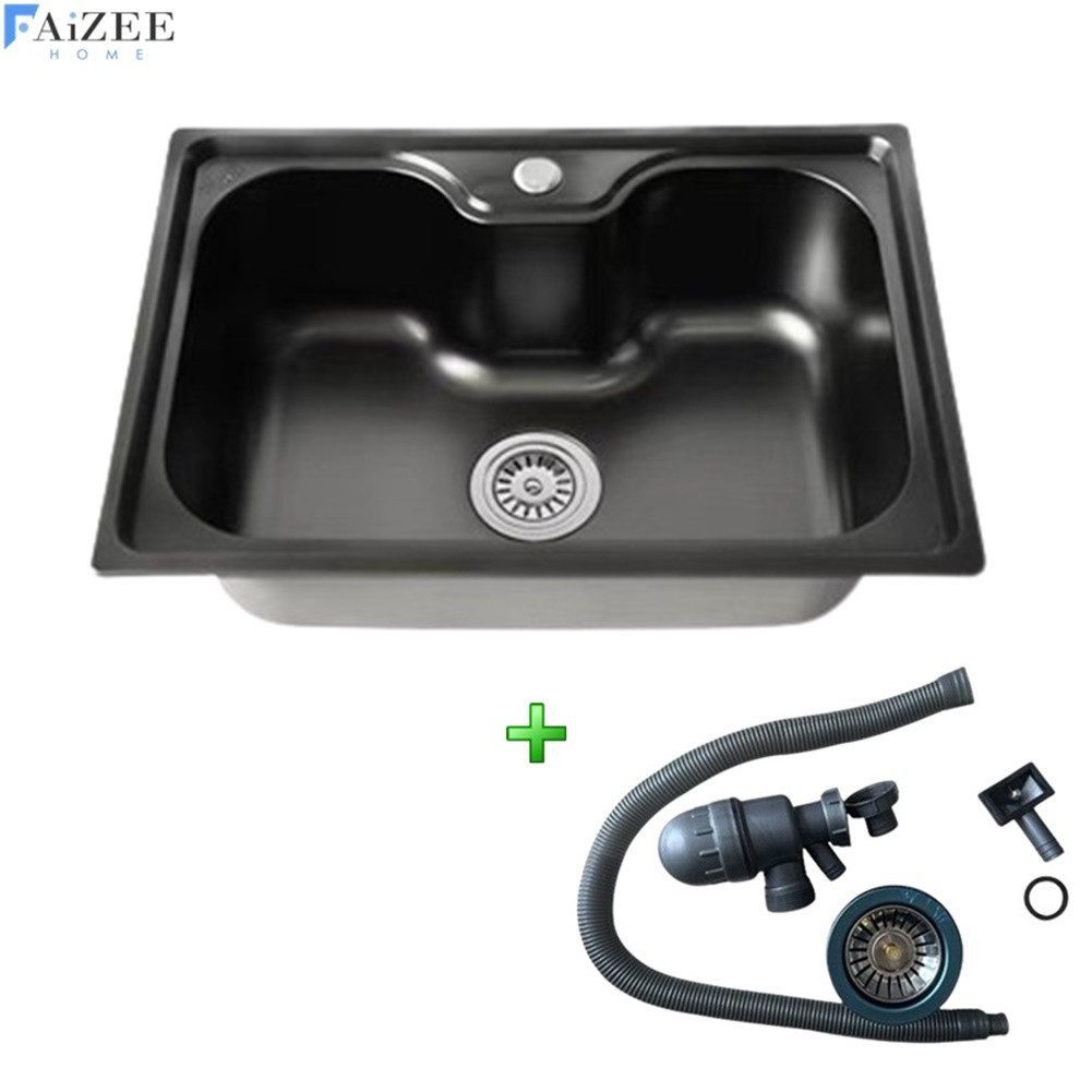 Faizee Möbel Edelstahlspüle Titan 60x42x20cm – rechteckig – inkl. Siphon-Set mit Armaturoption