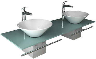 Alpenberger Doppelwaschtisch Doppelwaschbecken auf Milchglas & Handtuchhalter (Komplett Set, 7-St., 7-tlg), pflegeleicht, platzsparend, ESG Glas, Nano