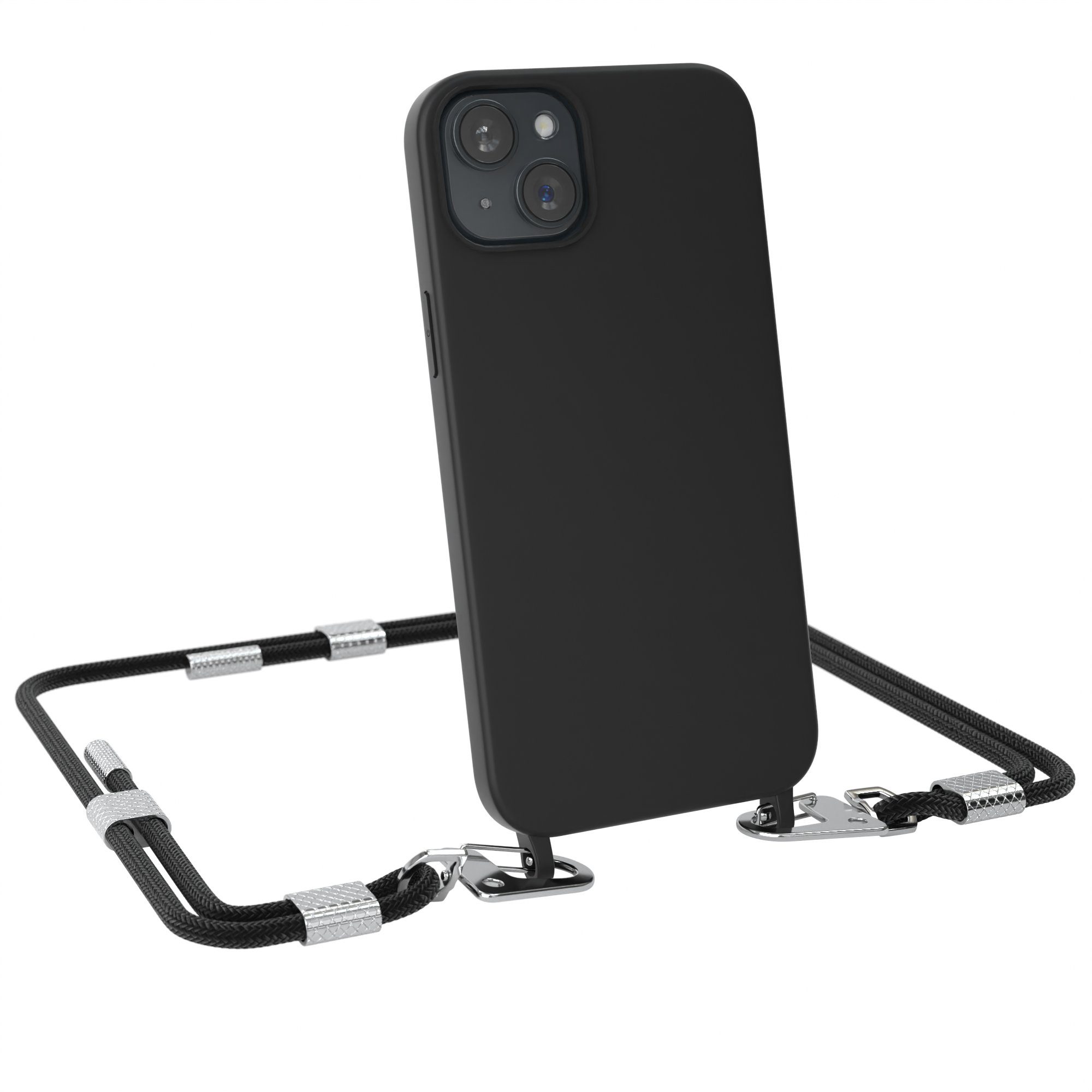 EAZY CASE Handykette Carabiner Chain für Apple iPhone 15 Plus 6,7 Zoll, Ketten Hülle Cross Bag Case Kettenhülle abnehmbare Kordel in Schwarz
