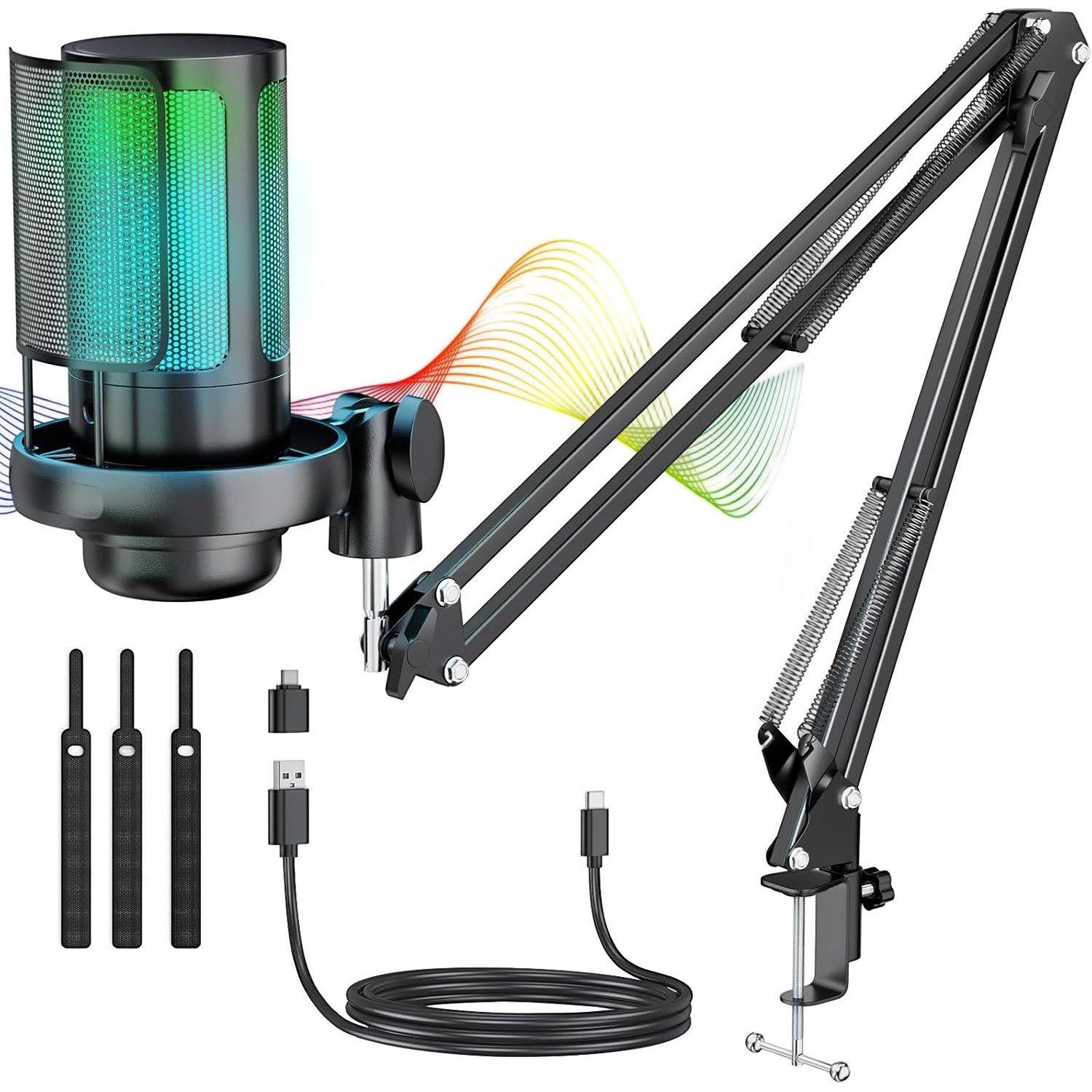 AKKEE Mikrofon Gaming RGB, Streaming, mit Arm USB Microphone mit Kopfhöreranschluss, Stummschalttaste, Popfilter, Für Streaming Podcast Studio