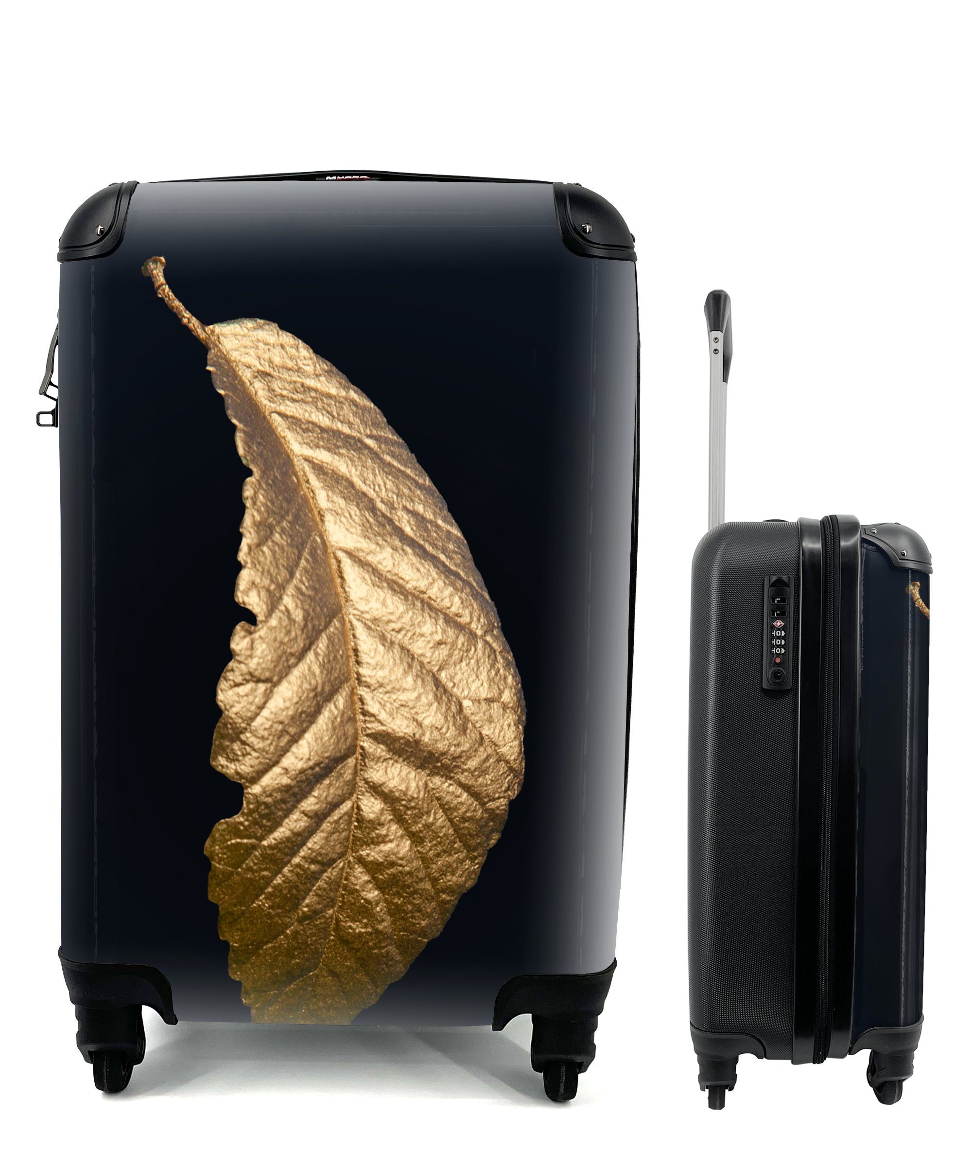 MuchoWow Handgepäckkoffer Blätter - Luxus - Gold - Schwarz - Natur, 4 Rollen, Reisetasche mit rollen, Handgepäck für Ferien, Trolley, Reisekoffer