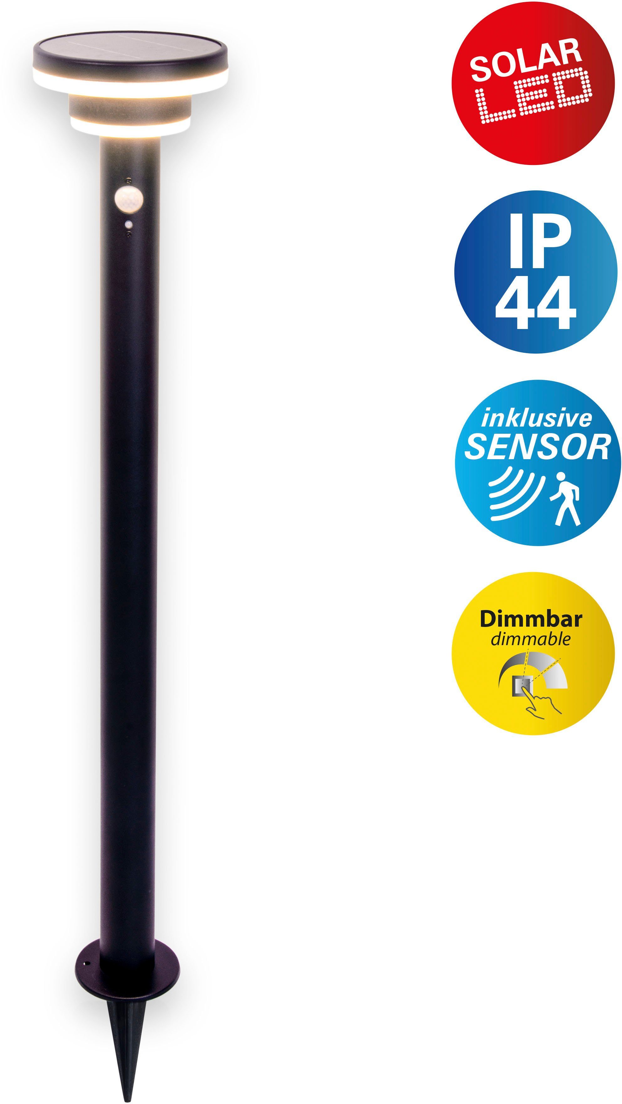 näve LED Solarleuchte Nora, Bewegungsmelder, LED fest integriert, Warmweiß, inkl. Bewegungsmelder, stufenweise dimmbar, H: 86cm, mit Erdspieß