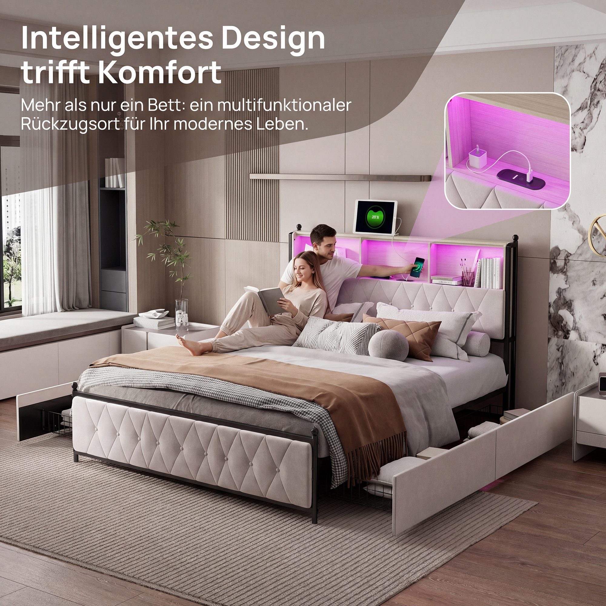 zebery Stauraumbett Polsterbett Doppelbett Mit 4 Schubladen (Packung, 1-tlg), 160x200 cm,LED-Leuchten,USB + Typ-C,Samtstoff,Beige
