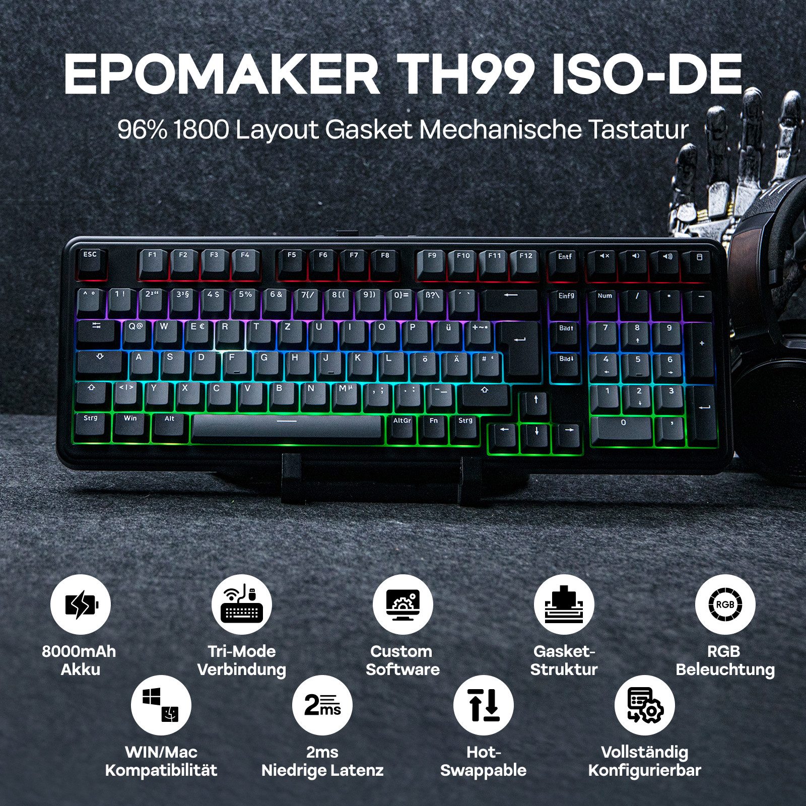 EPOMAKER QWERTZ Mechanische Tastatur Kabellos, 96% Prozent Gaming-Tastatur Tastatur (mit Numpad, Hot-Swap, RGB, Gasket, BT/2.4G/USB-C, Programming Software)
