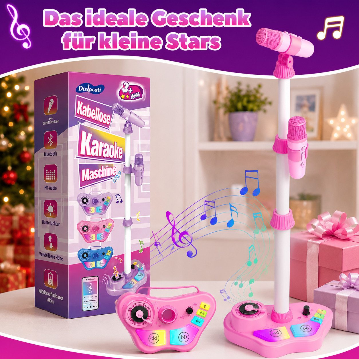 Wootoy Kinder Karaoke-Set 2 kabellosen Mikrofonen höhenverstellbarem Ständer Karaoke-Maschine (mit 5 Stimmeffekte Fußpedal LED-Lichteffekte integrierter Tragegriff)