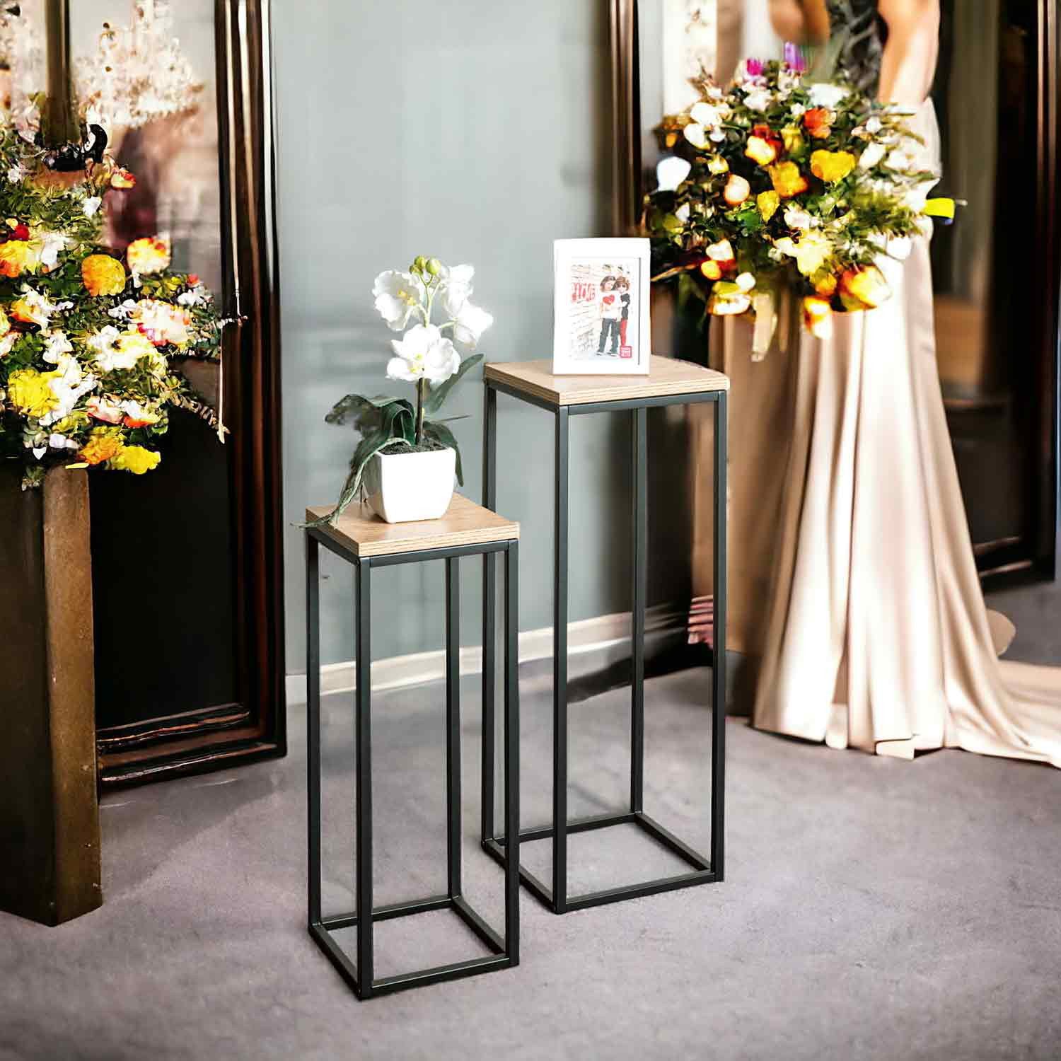 HAKU Blumentisch (2-St., 2er Set), Blumensäule Stahl schwarz Eiche Dekor