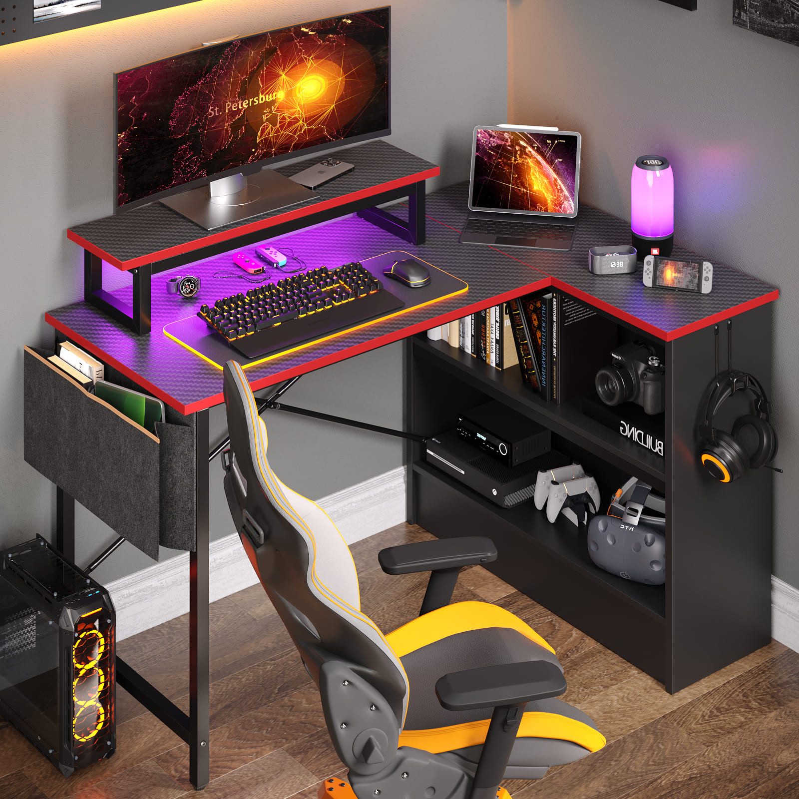 Bestier Computertisch Schreibtisch mit RGB-Beleuchtung und Halterungen (107x80x89cm Reversibler Gamingtisch mit Stauraum, Monitorständer), Eckschreibtisch Breit – Bild 5 von 5