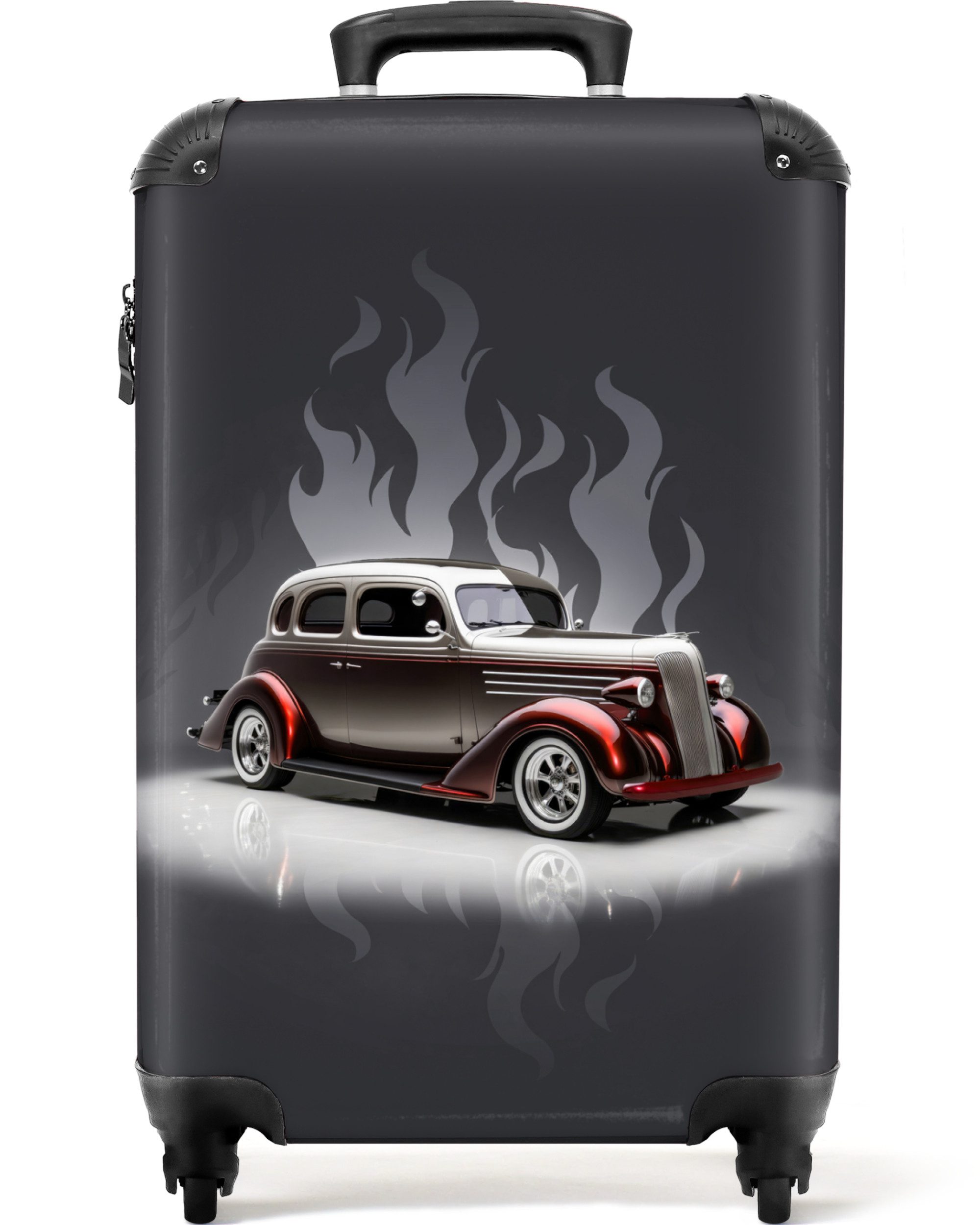 NoBoringSuitcases.com© Kinderkoffer Auto - Weiß - Flammen - Vintage 55x35x20cm, Handgepäck Koffer, Hartschalenkoffer Kinder, Reisekoffer Jungen