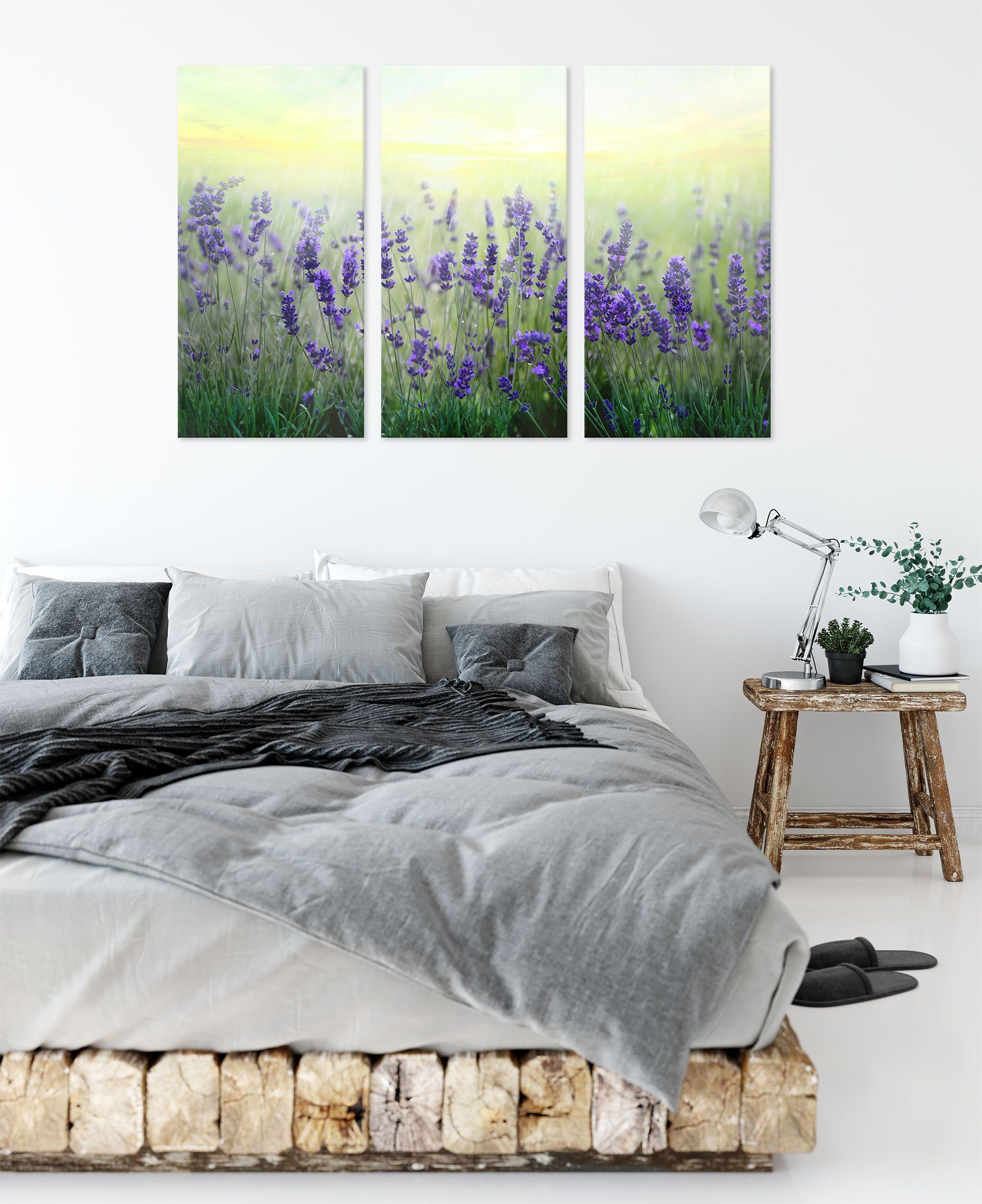 Leinwandbild fertig inkl. Pixxprint im Zackenaufhänger Regen Lavendel (120x80cm) Regen, Schöner Leinwandbild (1 Schöner St), bespannt, Lavendel im 3Teiler