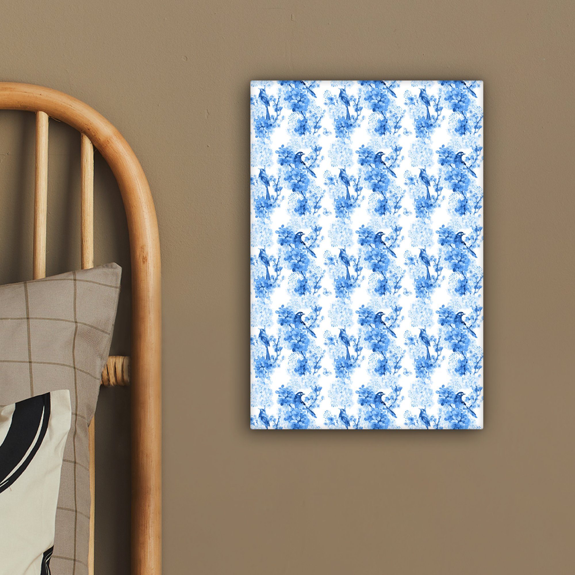 OneMillionCanvasses® Leinwandbild fertig - inkl. 20x30 Leinwandbild (1 Zackenaufhänger, Vögel cm Gemälde, Blumen Blau, bespannt - St)