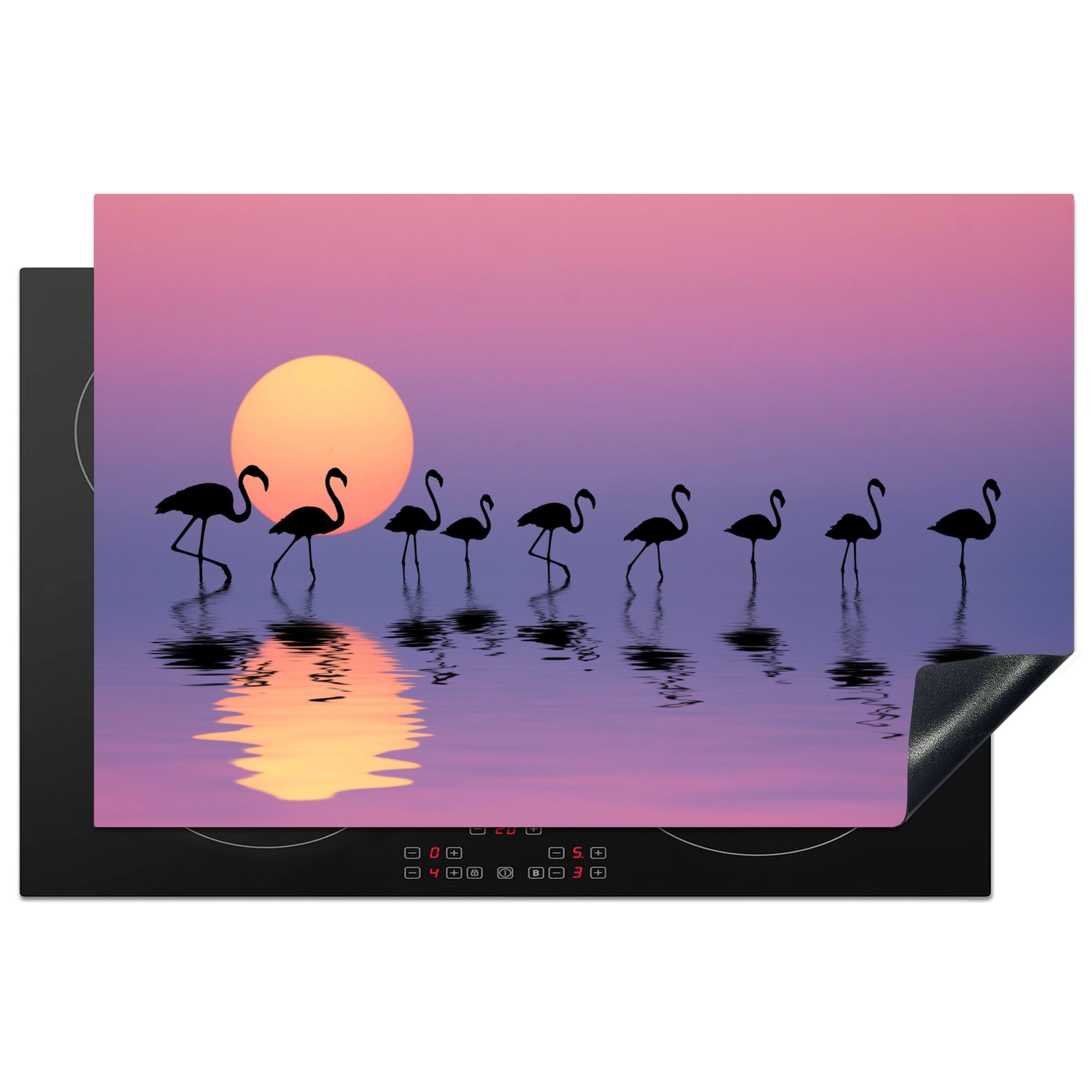 MuchoWow Herdblende-/Abdeckplatte Flamingo - Wasser - Spiegelung, Vinyl, (1 tlg), 81x52 cm, Induktionskochfeld Schutz für die küche, Ceranfeldabdeckung