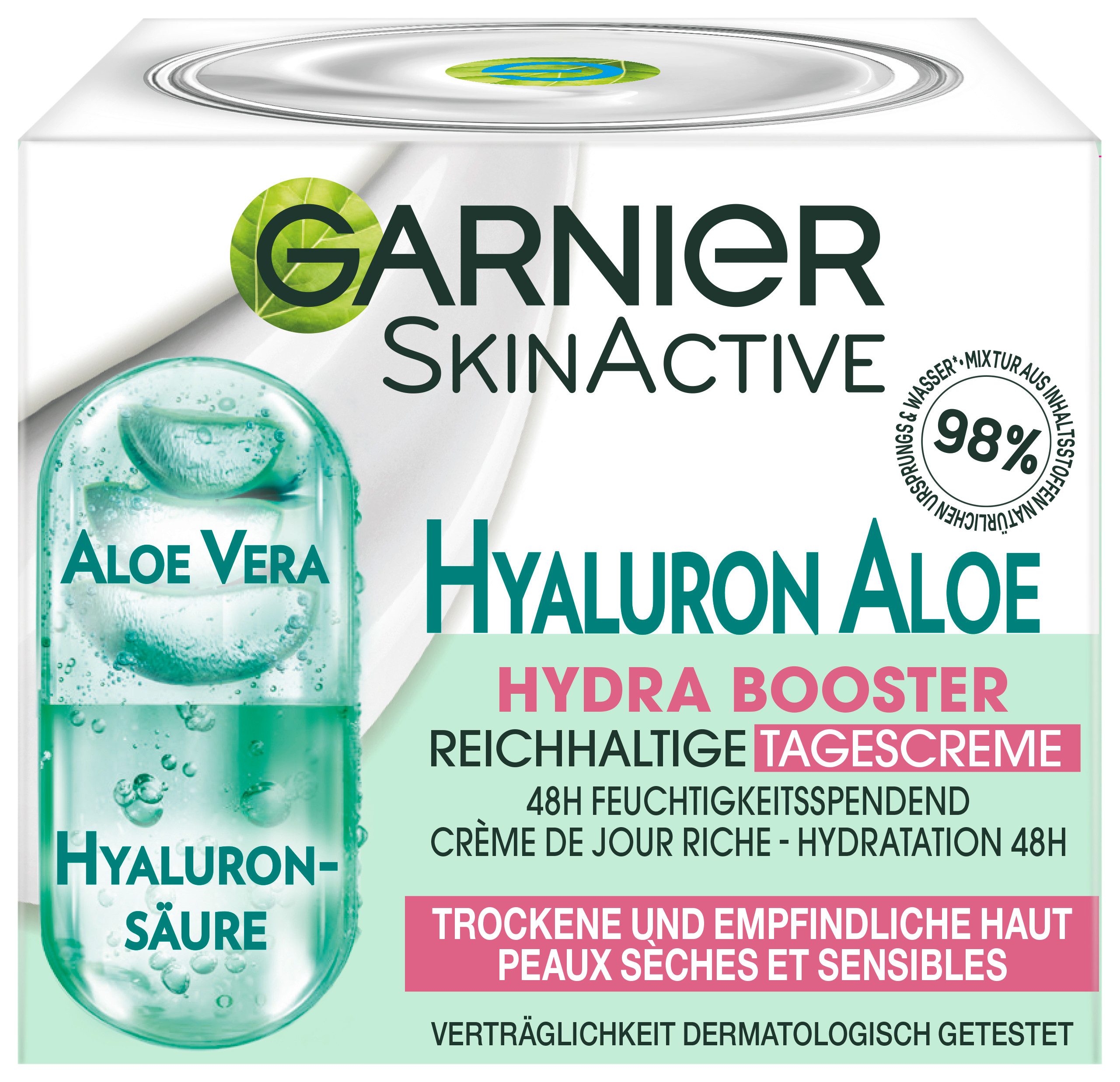 GARNIER Gesichtsgel Garnier Hyaluron Aloe Reichhaltige Tagescreme, feuchtigkeitsspendend, leicht, beruhigt, 48h Wirkung