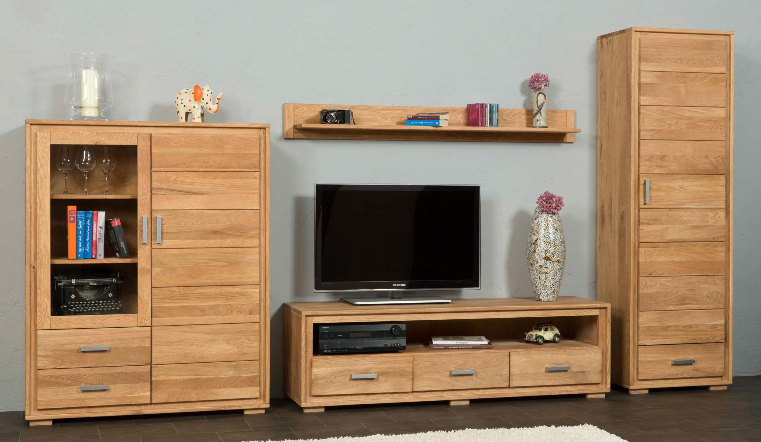 Trendmöbel24 Wohnwand Wohnzimmerschrank Basel Set VI 4-teilig Wildeiche Massivholz, (Komplett-Set, 4-St., Schrank, Lowboard, Highboard, Wandboard)