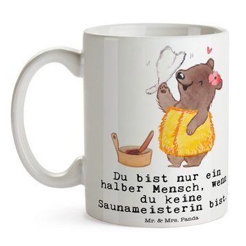 Mr. & Mrs. Panda Tasse Saunameisterin Herz - Weiß - Geschenk, Jubiläum, Tasse Motive, Gesche, Keramik, Langlebige Designs