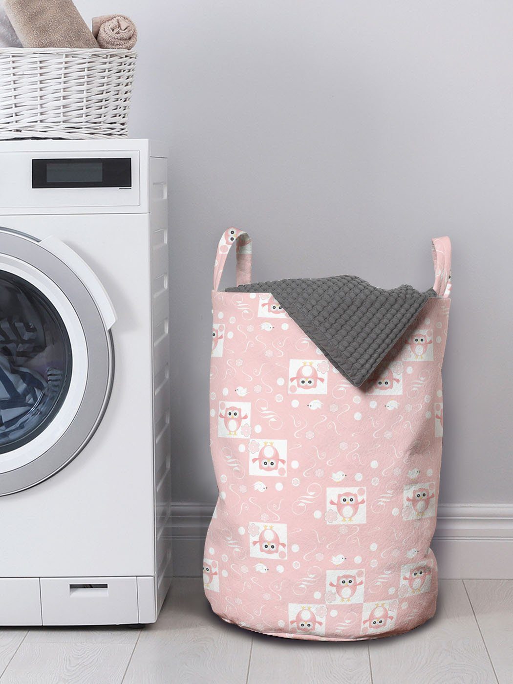 Abakuhaus Wäschesäckchen Wäschekorb mit Eulen Rosa Floral Griffen für Kordelzugverschluss Vögel Eulen Waschsalons