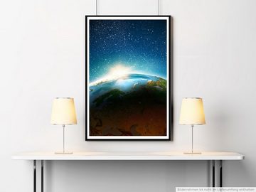 Sinus Art Poster 90x60cm Poster Fotocollage Erde mit Sonnenstrahlen im Weltall