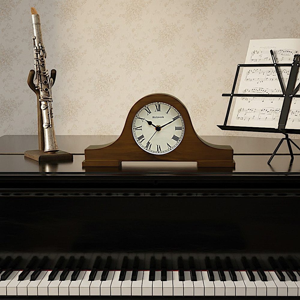 Holzwerk Tischuhr Nostalgische Retro Vintage Tisch Uhr Nahezu lautloses Uhrwerk, römische Ziffern, Quarzuhrwerk