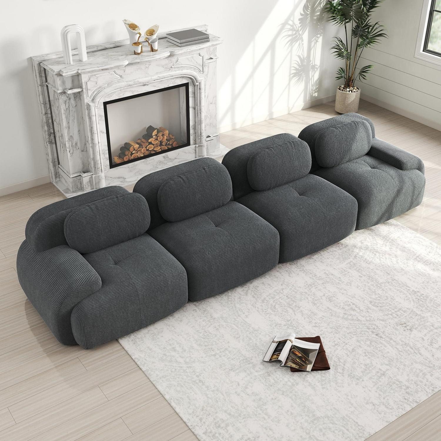 LuxusKollektion 4-Sitzer Sofa 4 Sitzer Cordstoff Modular Rutschfest Grau 4 Sitze & 0 Ottomane