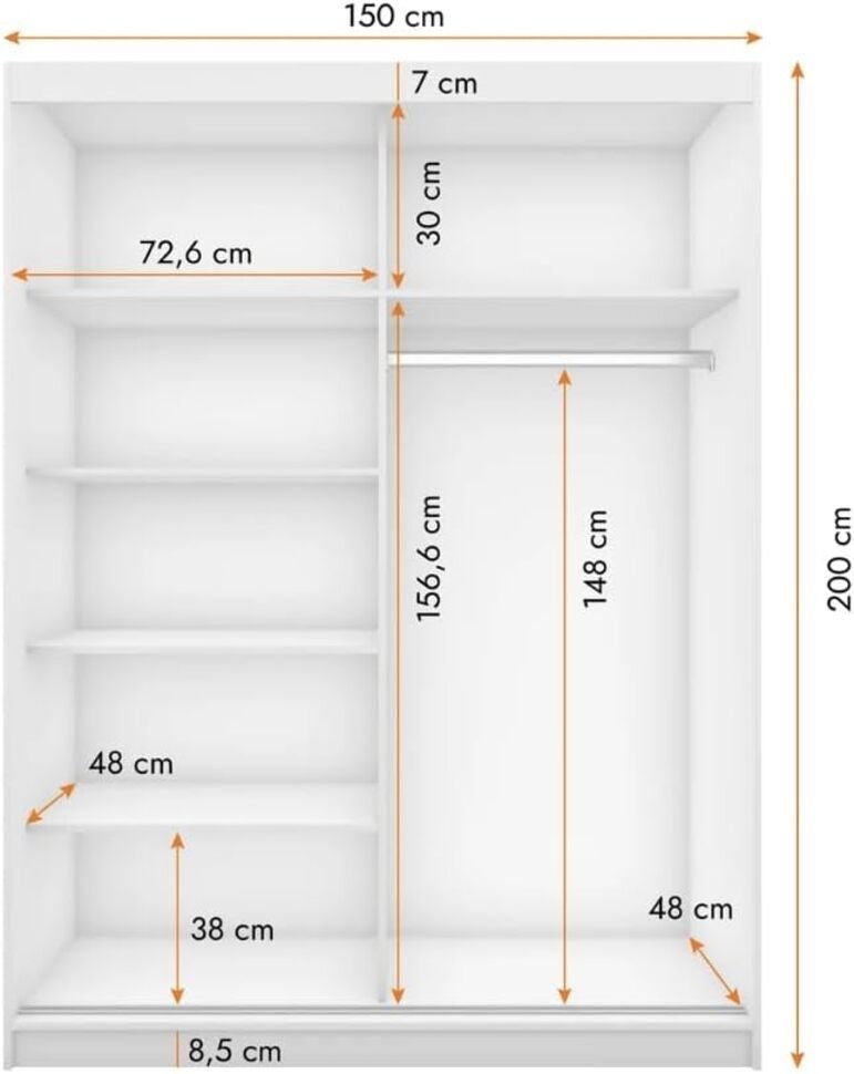 MOEBLO Kleiderschrank LABI (Schiebtüren Wohnzimmerschrank mit Schwebetürenschrank und + | Sonoma 2-türig Lamellen mit Kleiderstange), und (BxHxT): cm 150x200x61 Einlegeböden Schrank Lamellen Spiegel, Schwarz Schlafzimmer Schwarz