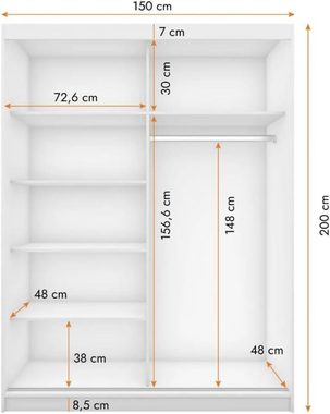 MOEBLO Kleiderschrank LABI (Schiebtüren Schlafzimmer Wohnzimmerschrank mit Lamellen und Spiegel, Schwebetürenschrank 2-türig Schrank mit Einlegeböden und Kleiderstange), (BxHxT): 150x200x61 cm