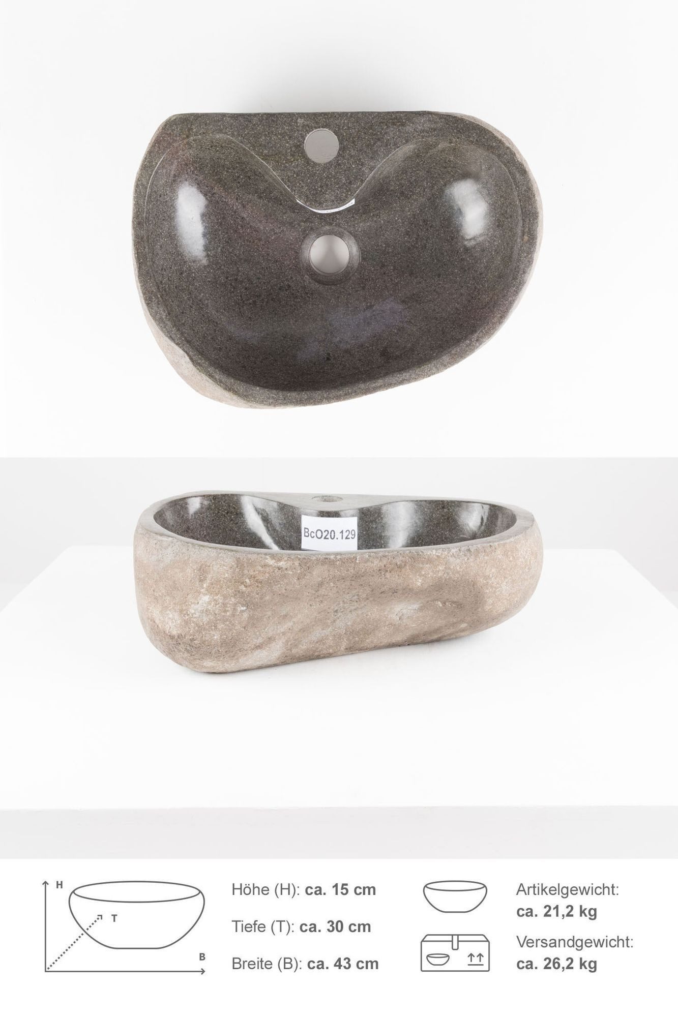 wohnfreuden Aufsatzwaschbecken Naturstein Waschbecken 40 cm oval mit Hahnloch (Kein Set), 101840_Bc15.155