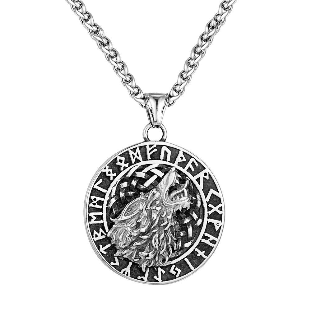 RAIKOU Edelstahlkette Wikinger Halskette Herren aus Edelstahl, Wolfskopf, Thors Hammer, Slawischer Stern, Wikinger Krieger