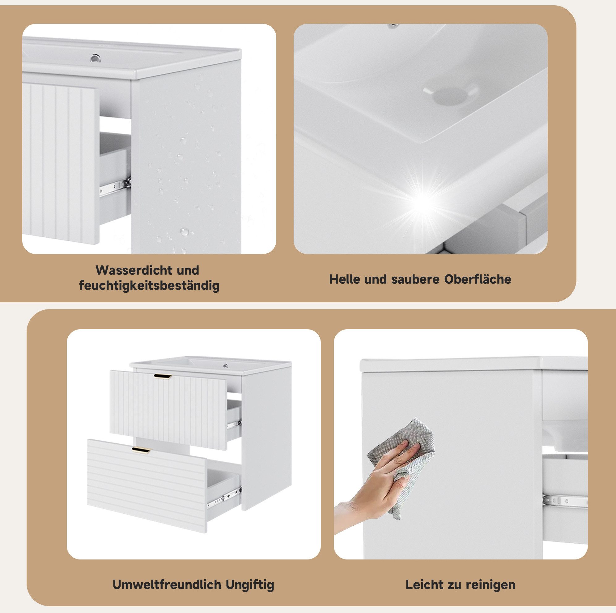 OKWISH Waschbeckenunterschrank Badmöbel (Wandhängender Waschtisch 61x46x57 cm aus MDF, Badezimmer Waschbecken mit 2 geräuschlosen Schubladen, strukturierten Fronten und integriertem Becken)