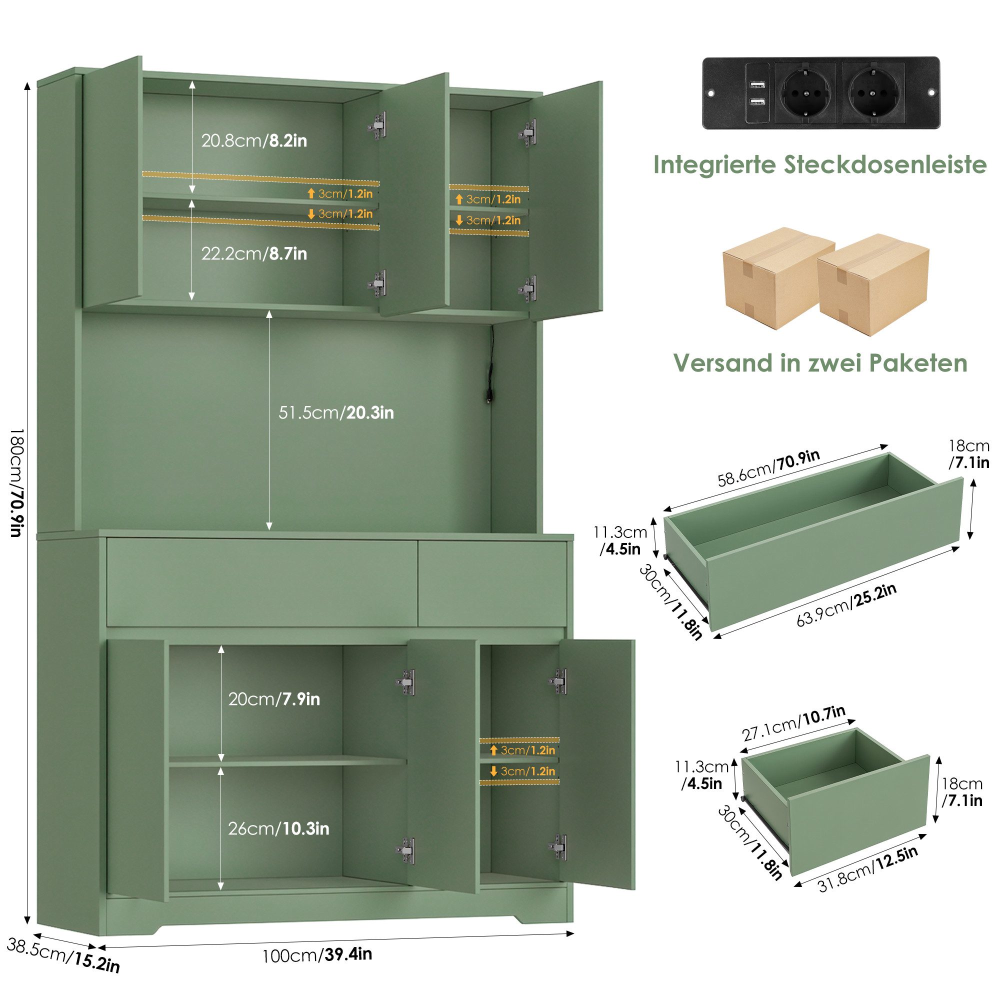 Homfa Küchenbuffet Küchenschrank mit LED Buffetschrank mit Steckdosen Hochschrank mit Arbeitsplatte, 6 Türen und Schubladen
