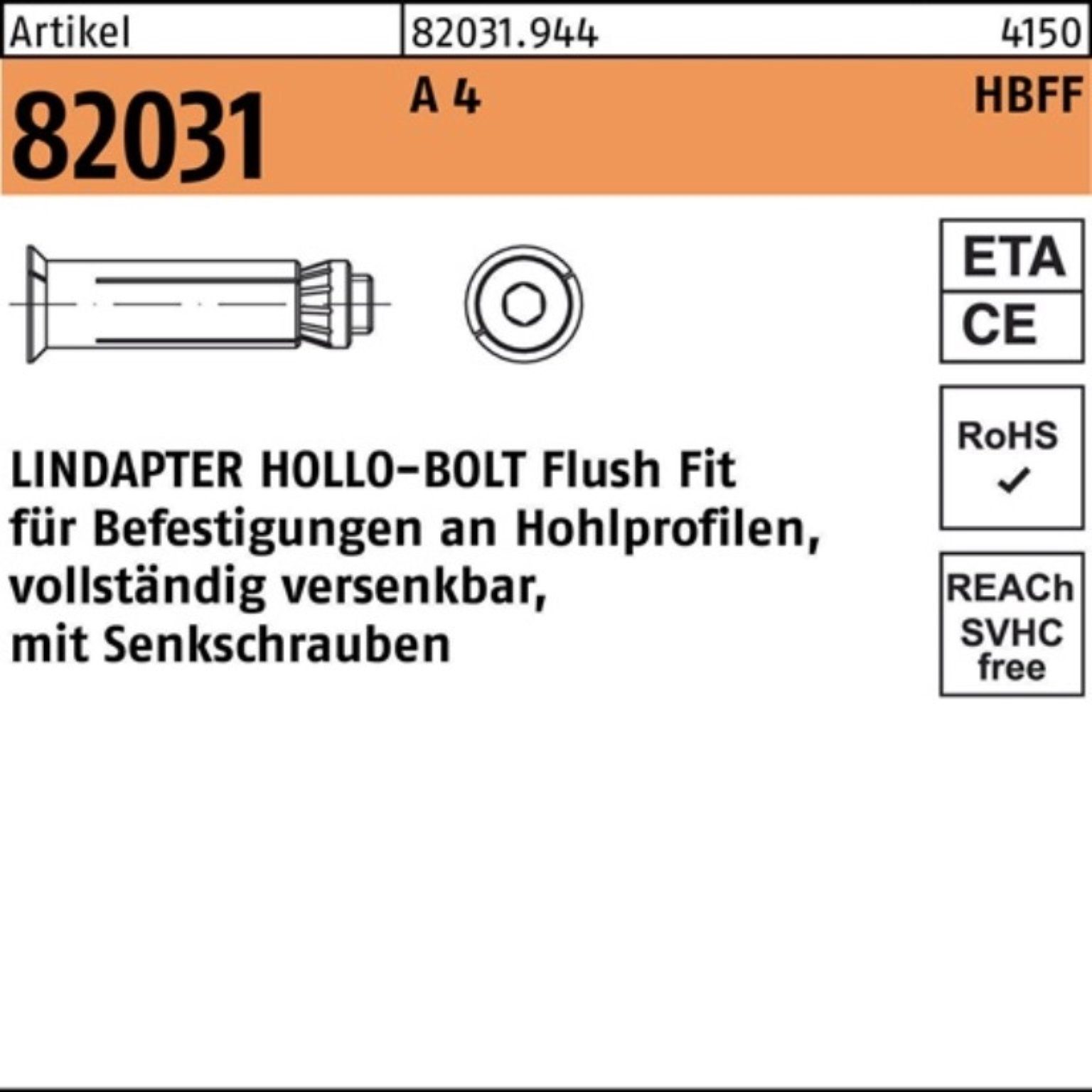 Lindapter Hohlraumdübel 100er Pack Hohlraumdübel R 82031 HBFF 08-3 (90/64) A 4 1 Stück Arti