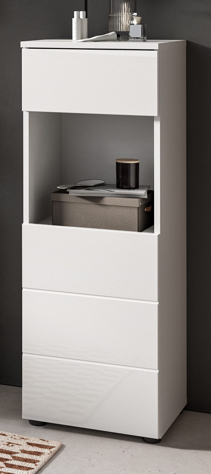 Inn.Furn Badkommode Larik (Badschrank in weiß Hochglanz, 38 x 106 cm), mit Vollauszug-Schubkasten