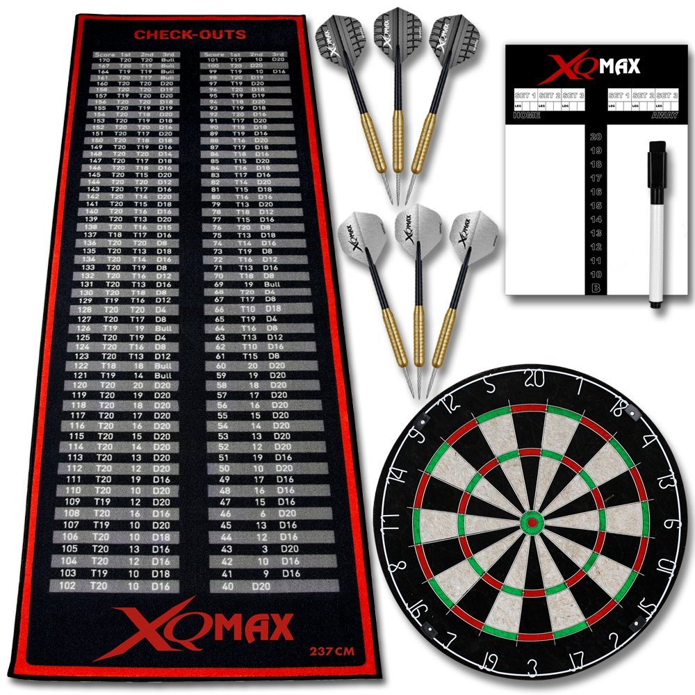 XQMAX Dartscheibe Starter-Set + Dartteppich Check Out rot, Dartmatte Steeldarts Darts Dartpfeile Spielstandtafel mit Marker