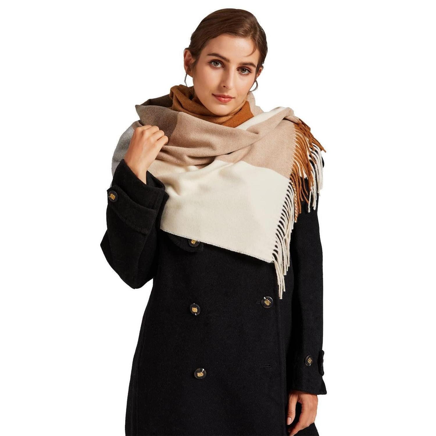 LuxusKollektion Wollschal Schal Wolle Karo Quaste 70x190cm Cognac Grau Beige, (1-St)