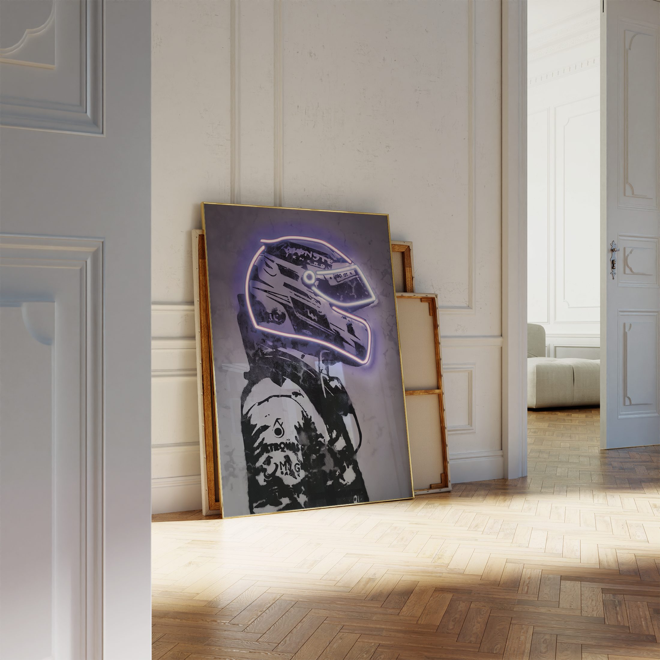 JUSTGOODMOOD Poster Premium ® Formel 1 Rennfahrer Lila Neon Helm Poster · ohne Rahmen